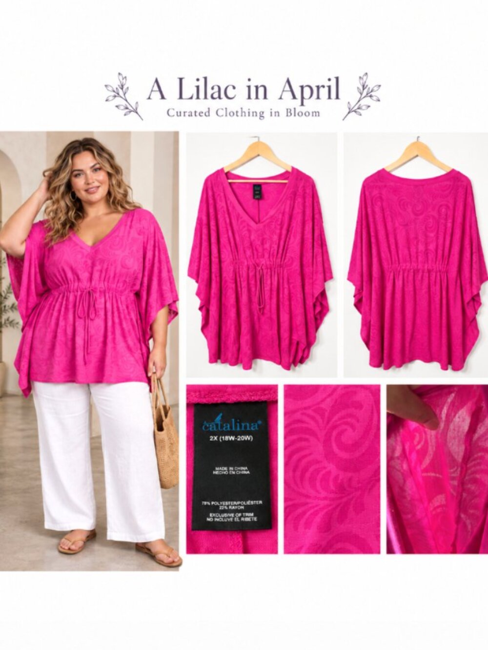 Catalina Size 2X (18W-20W) Magenta Swirl Pattern Drawstring Tunic Top